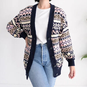 Vintage Pure Stuff Navy and Pink Knit Button Cardigan  Size Small